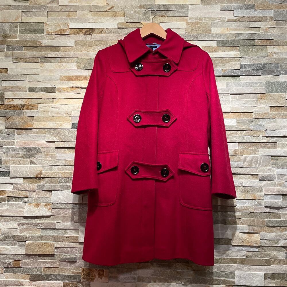 Tommy Hilfiger 4 Wool Toggle Coat | Scarlet Red Removable Hood Holiday Jacket
